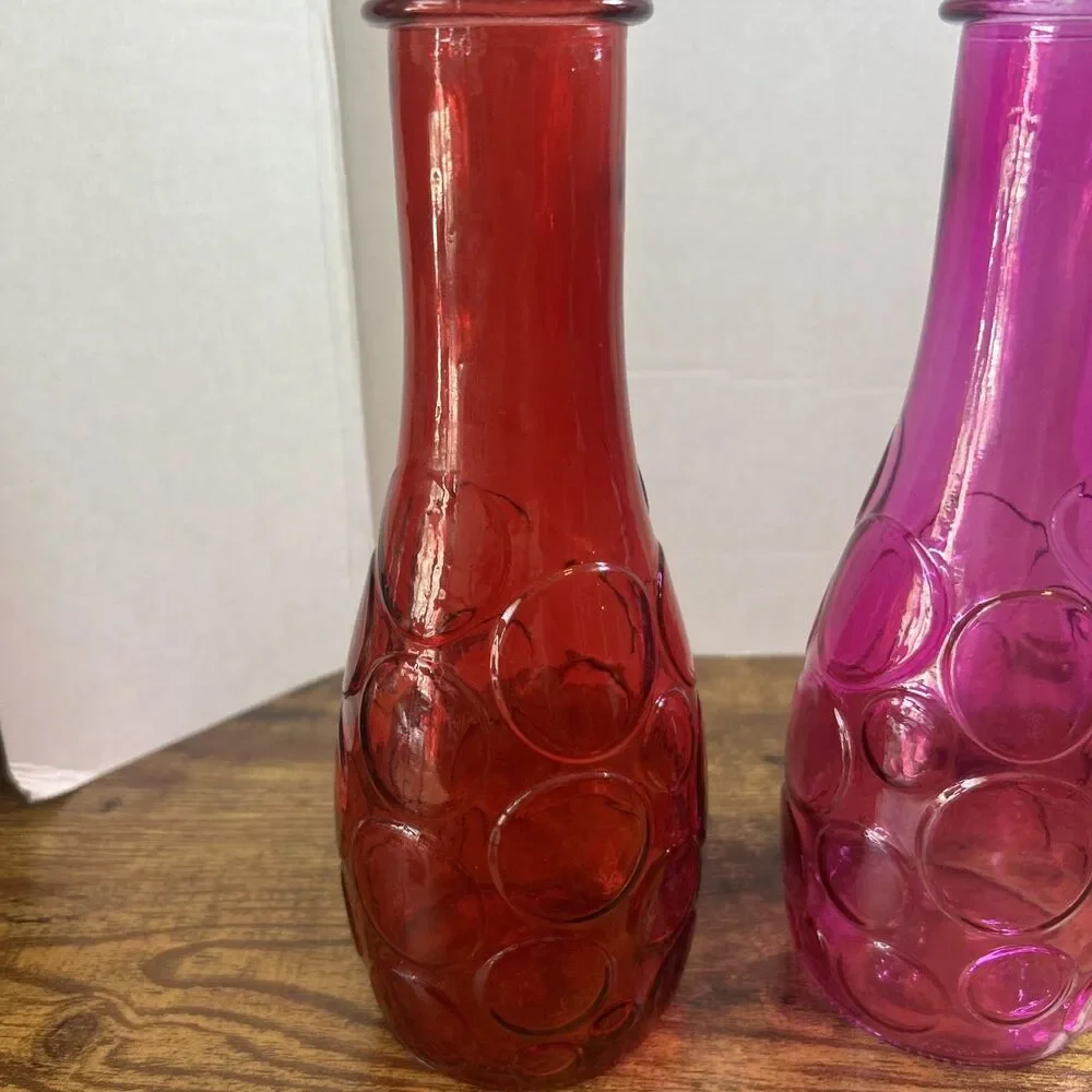 Vintage DPS Circles Vases Red Pink Dots Pair Set 8.5in Retro Mid Century Glass